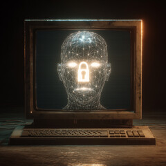 AI facial recognition failure on a vintage computer, access denied.