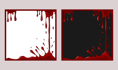  Vector Vintage Set of Halloween square Frames with bloody edges and drips on white and dark background. Suitable for social networks or design of sales, promos, invitations and other announcements.