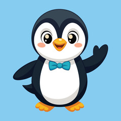 Obraz premium Cute baby cartoon penguin character on snow and ice, a funny winter illustration perfect for Christmas art design