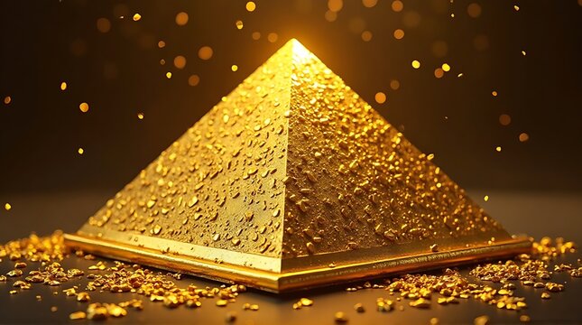 A radiant golden pyramid covered in shimmering gold dust, glowing brightly at its apex. - Powered by Adobe