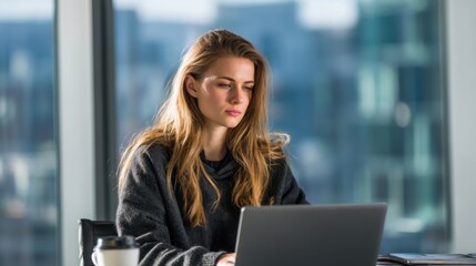 Young woman working on laptop at modern office with large glass windows during daytime.