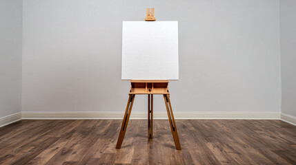 An easel stands ready, a blank canvas awaiting artistic expression. Wood floors and plain walls provide a simple yet inspiring backdrop.