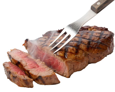 Grilled steak with a fork piercing through it. The steak is sliced, revealing a juicy pink interior. The background is transparent, highlighting the food.