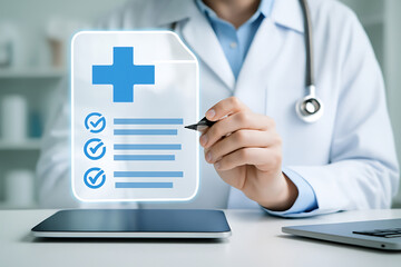 A doctor virtually reviews a medical record on a tablet highlighting health care information