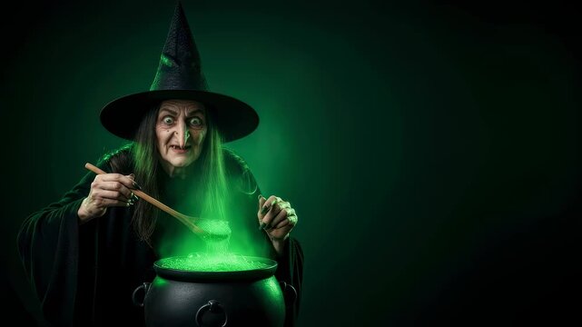 A halloween witch performing a magic ritual, stirring a glowing green potion in a cauldron, spell concept for holiday celebration footage.