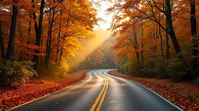Video, camera zooms in, Winding road through autumn forest with golden sunlight beams  