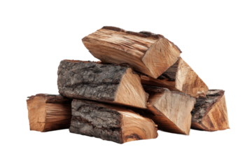 Stacked firewood in natural setting woodpile rustic concept. Isolated on transparent background, png.