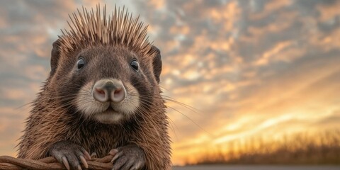 Anthropomorphic wildlife moments featuring expressive porcupine closeup at sunset, storytelling nature portrait and emotional animal connection captured in golden light
