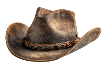 Worn-out cowboy hat western setting still life rustic close-up. Isolated on transparent background, png.
