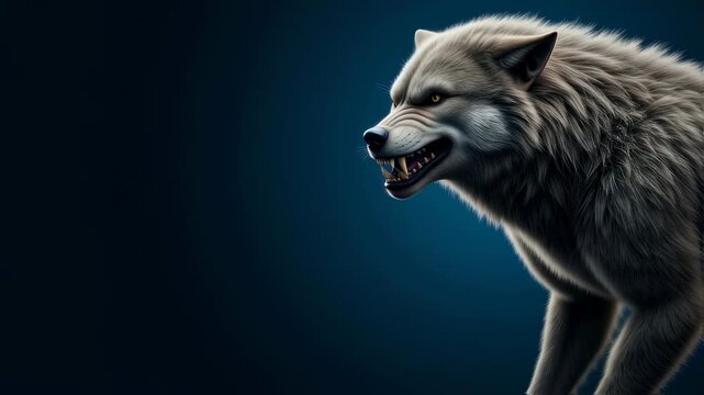 Gray wolf growling and baring fangs, then relaxing mouth, on dark blue background for wildlife or halloween footage.
