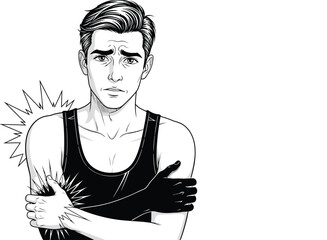 Man clutching arm in pain, grimacing with concern and discomfort