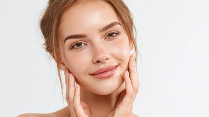 Obraz premium Close Up Portrait of a Young Beautiful Woman with Clear Perfect Skin and Gentle Smile.