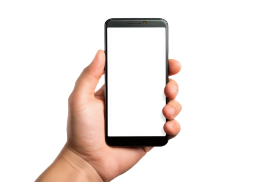 Handheld smartphone displaying blank screen indoor setting close-up. Isolated on transparent background, png.