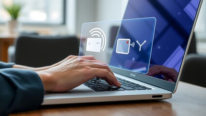 A high-quality, realistic closeup of a person's hands using a laptop to process a secure contactless payment through a futuristic holographic interface.