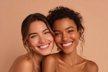 Two smiling diverse women with curly and straight hair close up portrait cheerful happiness.