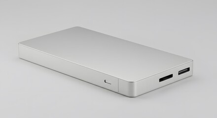 A silver rectangular portable power bank is displayed at an angle set against a neutral background Two USB ports are visible