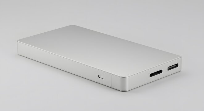A silver rectangular portable power bank is displayed at an angle set against a neutral background Two USB ports are visible