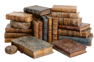 Antique book collection vintage library photography indoor close-up. Isolated on transparent background, png.