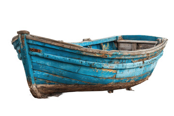 Obraz premium Abandoned blue boat coastal shoreline photo vintage side view. Isolated on transparent background, png.