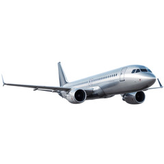 Sleek silver passenger airplane with twin engines viewed from the side