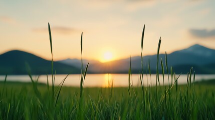 Peaceful sunrise yoga and workout session on a grassy hill overlooking a lake