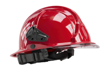 Firefighter safety gear red helmet emergency scene equipment close-up. Isolated on transparent background, png.