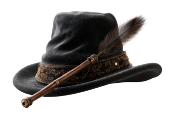 Artistic hat with feather vintage style studio setting close-up. Isolated on transparent background, png.