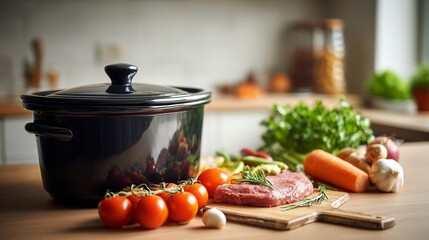 Slow cooker and ingredients on a kitchen counter simple cooking for elderly living alone