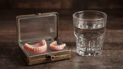 Set of dentures in a case beside a glass of water realistic aging healthcare item