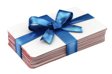 Gift card stack with blue ribbon for special occasions studio setting. Isolated on transparent background, png.