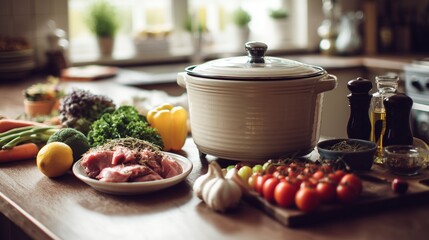 Slow cooker and ingredients on a kitchen counter simple cooking for elderly living alone