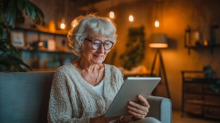 Smiling elderly woman using a tablet at home technology use among older adults
