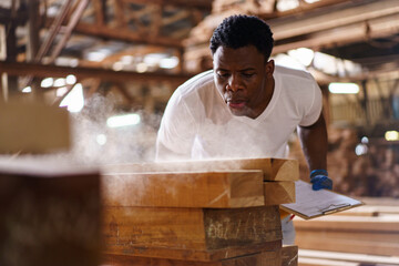 Professional African male carpenter is working professionally in sawmill - workshop.