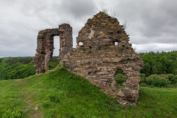 Defensive tower and wall ruins of medieval Hubkiv Castle, Ukraine