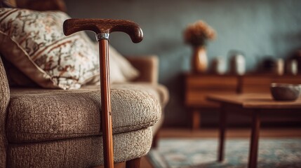 Walking cane leaning against a wooden chair in a cozy living room symbol of elderly independence