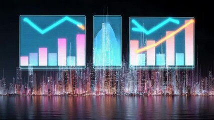 Digital financial graphs with glowing city skyline in background   - Powered by Adobe