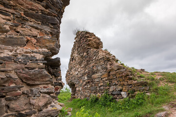 Ruins of stone defensive walls of medieval Hubkiv Castle, Ukraine
