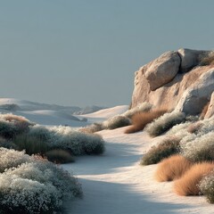 White Sand Dunes with Sparse Desert Shrub Cluster