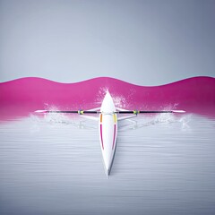 White Scull Rowing on Pink Reflective Water