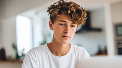 Young Teenage Boy with Short Wavy Hair Wearing White T-Shirt Indoors.