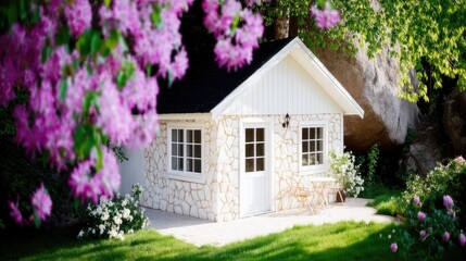 White Stone Cottage with Thatched Roof and Blooming Flowers