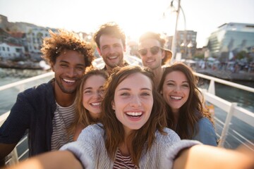 Happy diverse group of friends taking a selfie on boat during sunny day in city.