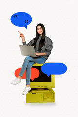 Sketch image artwork composite photo collage of young lady sit old computer monitor hold laptop...