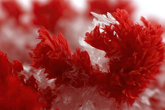 Close-up of intricate, feathery, red and white crystalline formations