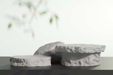3D Rendering. Minimalist Natural Stone Product Display Pedestals with Blurry Green Foliage Background for Organic and Eco-Friendly Product Presentation