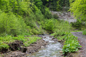 Mountain river bend with steep bank with rocks layered structures