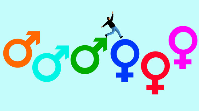 Person walking on colorful gender symbols representing gender transition