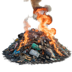 Pile of burning trash with flames and smoke