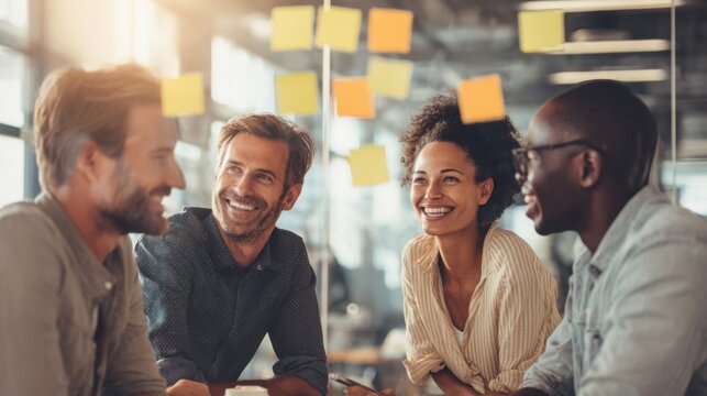 Group of diverse professionals sharing ideas and smiling during a collaborative meeting.