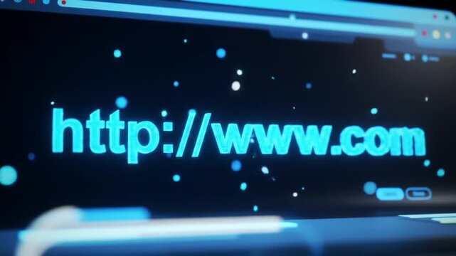 Close-up of http www com website address on a computer screen with blue animation effects
